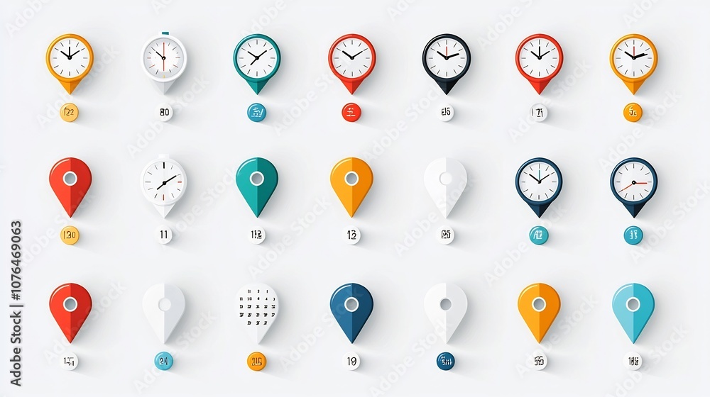 Poster colorful set of icons featuring modern symbols for location time and date such as map pins clocks an