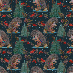 Seamless pattern of cute hedgehogs in winter forest. The hedgehogs with basket around of trees and firs. Hand drawn with colored pencils. The pattern is colorful and playful, cheerful.