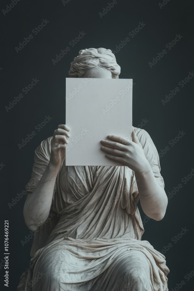 Poster classical art blank canvas: a captivating image of a marble statue holding a blank sheet of paper, c