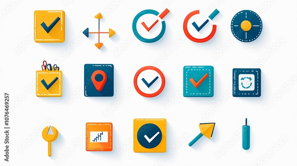 Aufkleber Vibrant collection of icons and symbols representing different aspects of decision making options and choice  Includes approval marks selection arrows and various visual indicators in a modern