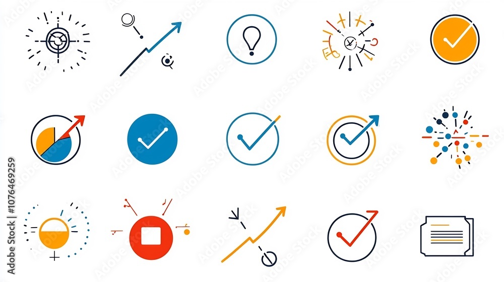 Poster Vibrant icon set depicting various symbols and indicators related to options choices and decision making processes  Includes approval marks selection arrows and other graphic elements in a modern