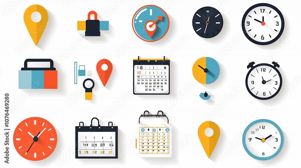 Poster Colorful icons collection featuring location pins clocks and calendar pages ideal for themes related to scheduling time management and navigation