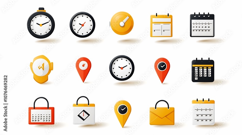 Poster Vibrant Icon Set Featuring Location Pins Clocks and Calendar Pages   Ideal for Themes Related to Scheduling Planning and Navigation