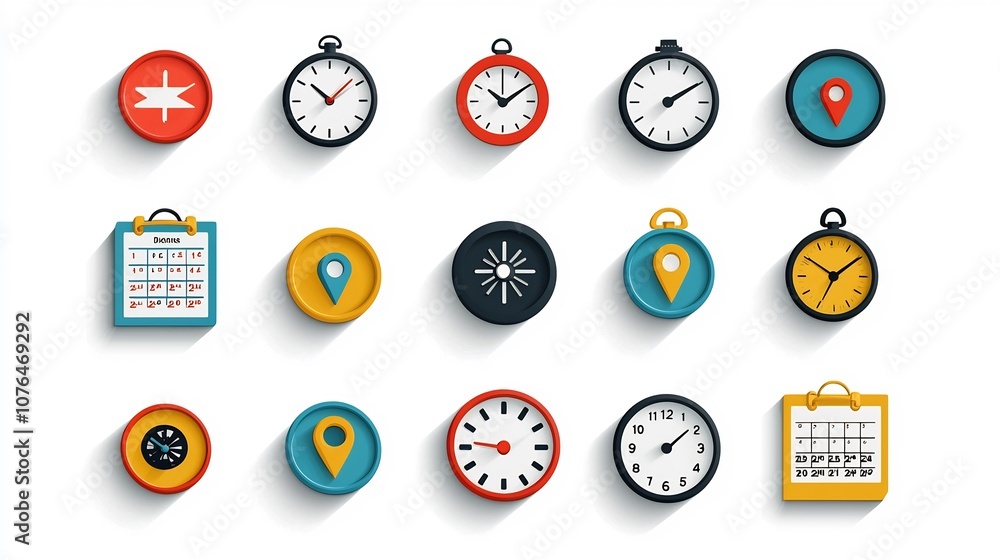 Poster Colorful icon collection featuring location pins clocks and calendar pages ideal for themes related to scheduling navigation time management task organization and productivity