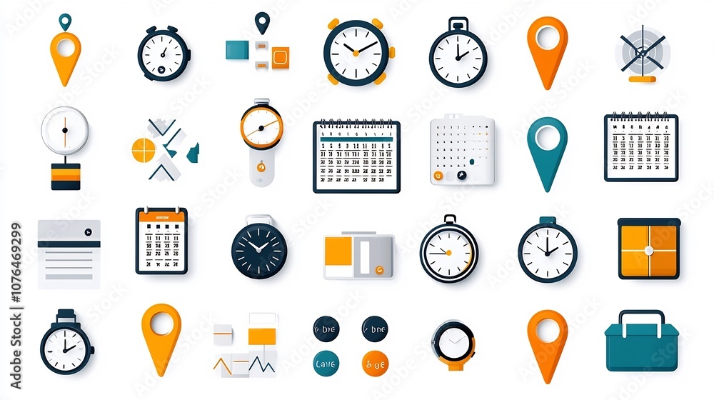 Poster Vibrant and modern icon set featuring symbols and elements related to location time and date such as map markers wristwatches and event calendars in a minimalist flat style