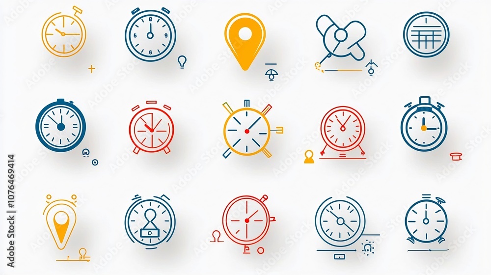 Poster Vibrant and Stylized Icons Collection Featuring Symbols for Time Tracking GPS Navigation and Calendar Scheduling Needs