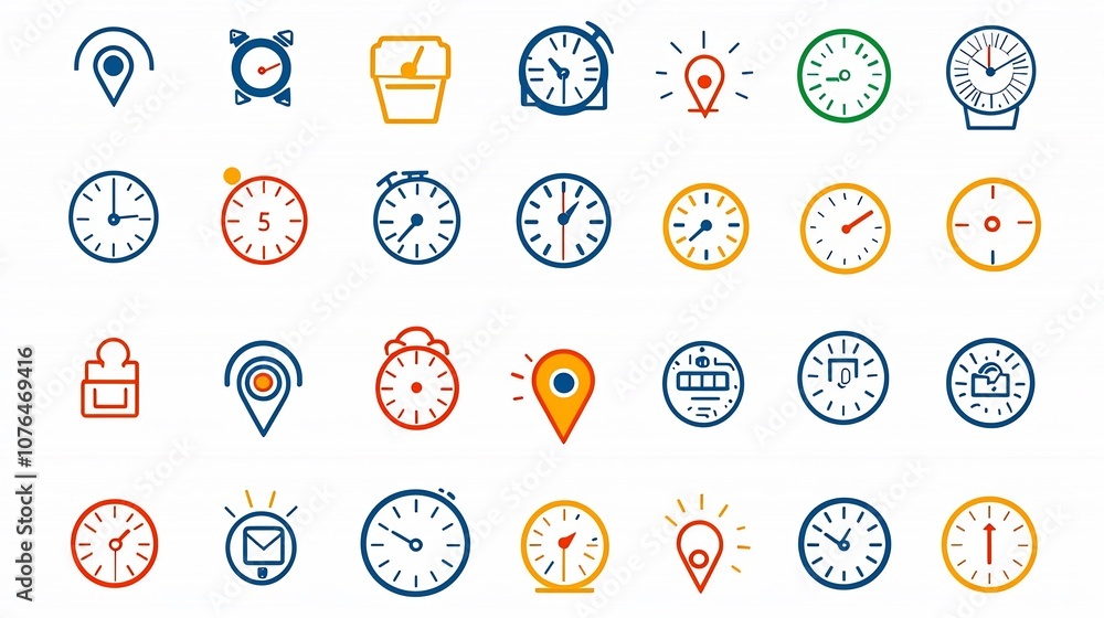 Leinwandbilder Collection of colorful icons representing various time and location tracking symbols such as GPS pins analog clocks and calendar reminders  Designed for use in digital interfaces apps