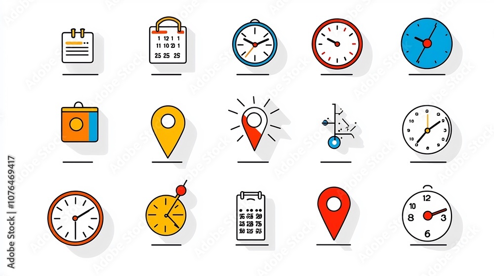 Poster Vibrant and contemporary collection of icons showcasing various symbols related to time management location tracking and digital organization tools  Ideal for use in mobile apps web interfaces