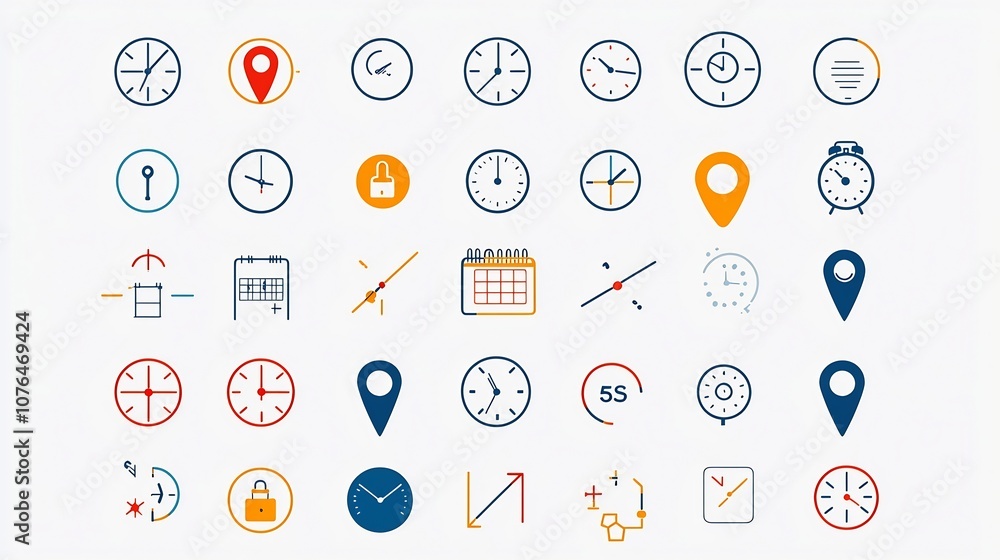 Poster Comprehensive Icons Collection Featuring Colorful Symbols for Time and Location Tracking Including GPS Pins Analog Clocks and Calendar Reminders for Digital Interfaces and Infographics