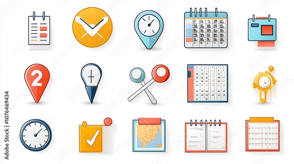Poster A set of vibrant and minimalist icons representing various location time and date related elements such as map pins hourglasses monthly planners and more