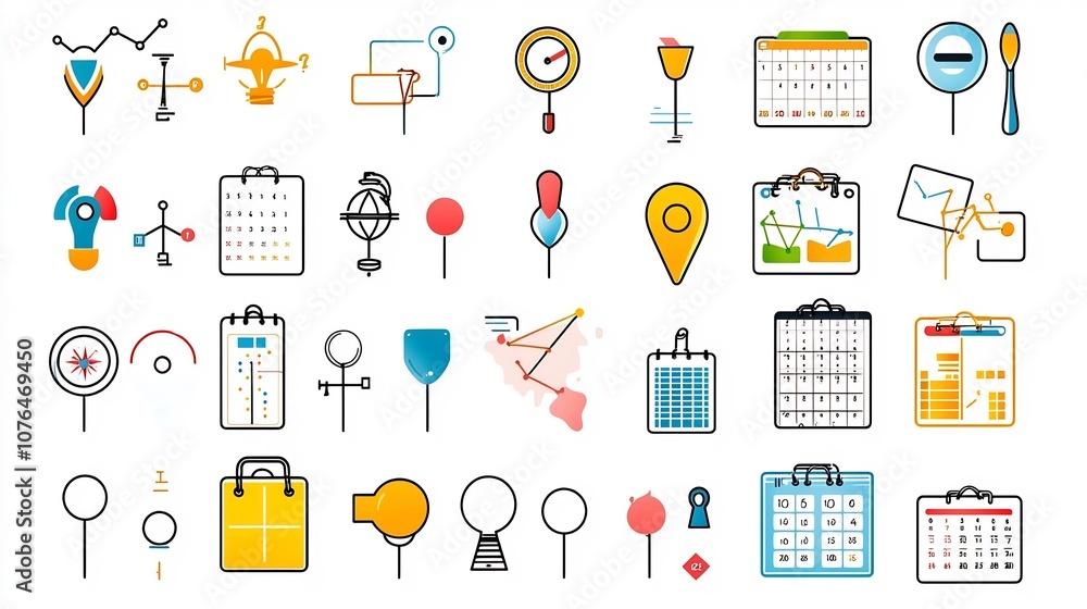 Poster Set of vibrant icons representing key concepts related to location time and date management such as map pins hourglasses and monthly planners