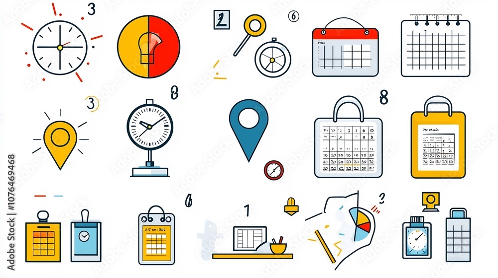 Poster Vibrant icon set featuring a collection of location time and date symbols such as map pointers desk clocks and marked calendar dates  Designed for use in digital interfaces apps