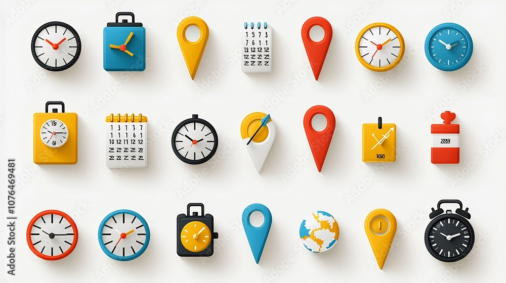 Leinwandbilder Vibrant and modern icon set showcasing a collection of symbols related to location time and date such as map pointers desk clocks and marked calendar dates  Ideal for use in digital interfaces