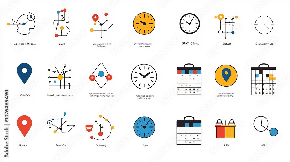 Poster vibrant icon set depicting various symbols related to location time and date management includes map