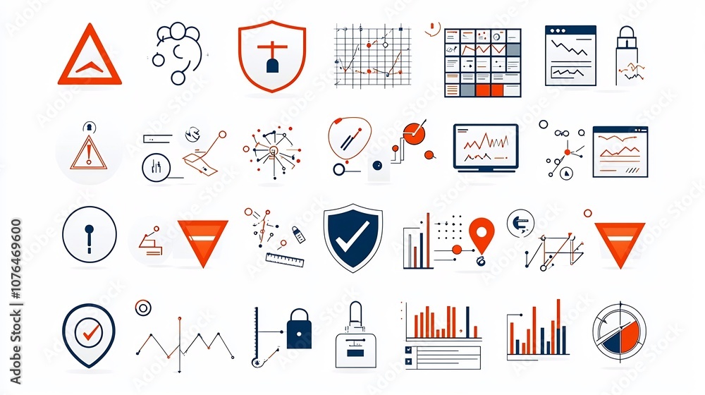 Leinwandbilder Comprehensive Icon Set for Risk Management and Security Visualization   Includes Elements Like Alert Triangles Security Shields and Data Charts in Pixel Perfect 64x64 Format with Editable Stroke
