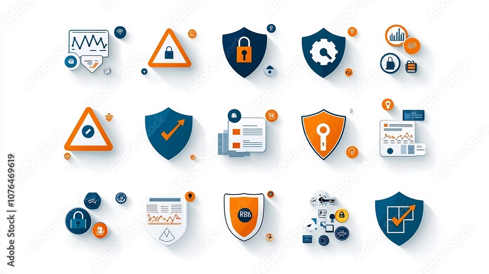 Poster comprehensive icon collection for risk management and data analytics solutions featuring elements li