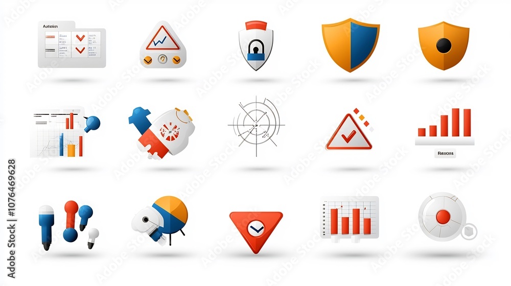 Poster Comprehensive Icon Collection for Effective Risk Management Solutions Featuring Elements Like Alert Triangles Security Shields and Data Charts in Pixel Perfect 64x64 Format with Editable Stroke