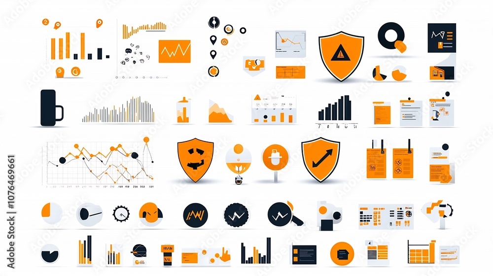 Fototapete Collection of 64x64 pixel icons with editable stroke representing essential risk management concepts such as shields graphs and warning signs for data analytics business presentations