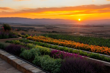 Vibrant lavender and herb plants in pots and fields, capturing the beauty and tranquility of blooming flowers, perfect for garden and nature themes
