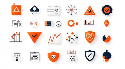 Comprehensive Icon Set for Risk Management Visualization and Analysis  Includes essential elements like alert triangles security shields
