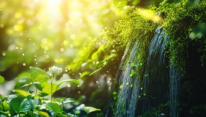 Fototapeta premium Sunlight Dappling Through Lush Forest With Waterfall