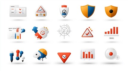 Comprehensive Icon Collection for Effective Risk Management Solutions Featuring Elements Like Alert Triangles Security Shields and Data Charts in Pixel Perfect 64x64 Format with Editable Stroke
