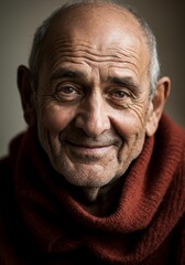 Obraz premium Elderly man smiling warmly in cozy red scarf portrait. Natural beauty