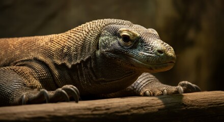 Obraz premium Close-up of Komodo dragon resting on wooden log in natural habitat