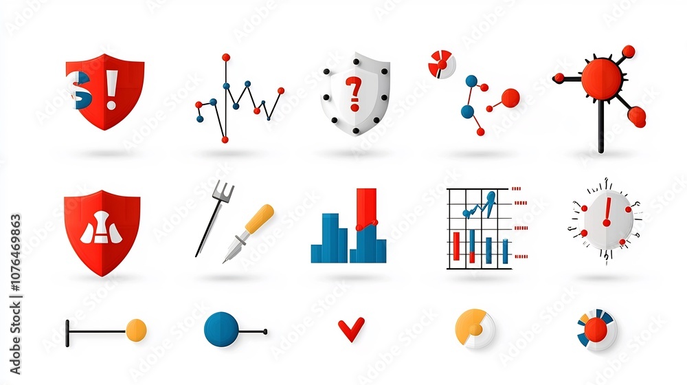 Poster Pixel perfect line icon set in 64x64 style with editable stroke showcasing symbols for risk management financial planning and data analysis such as shields exclamation marks and graphs