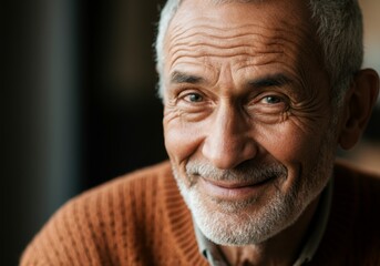 Obraz premium Close-up of an elderly man with deep wrinkles and a warm smile, wearing earthy-toned sweater