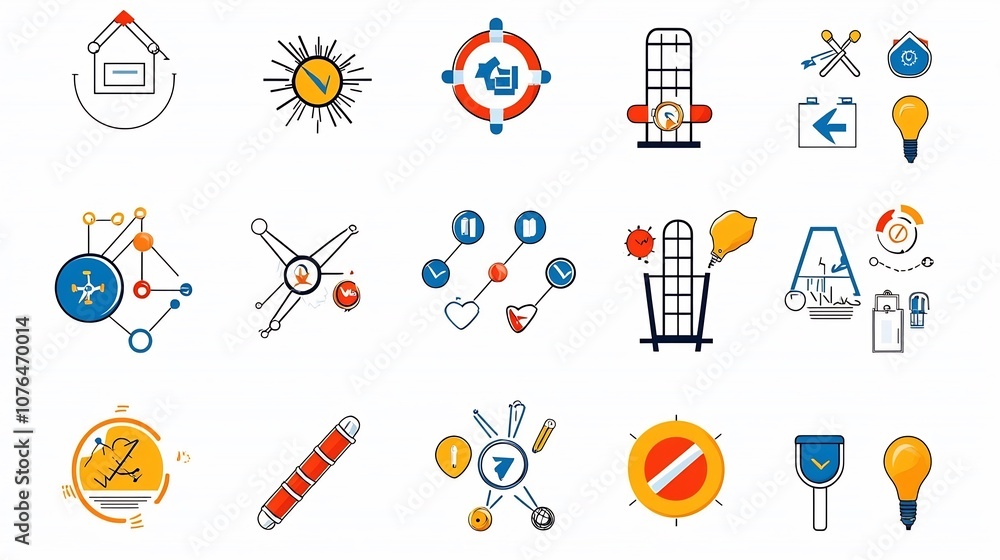 Poster Pixel perfect icons in a 64x64 format with editable stroke showcasing a collection of risk management elements like barriers safe zones and alert symbols in a clean modern and minimalist style