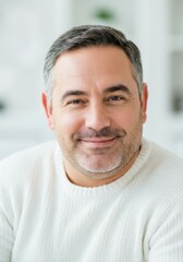 Fototapeta premium A middle-aged man with a double chin and slight stubble, smiling gently indoors. Concept of individuality and authenticity.