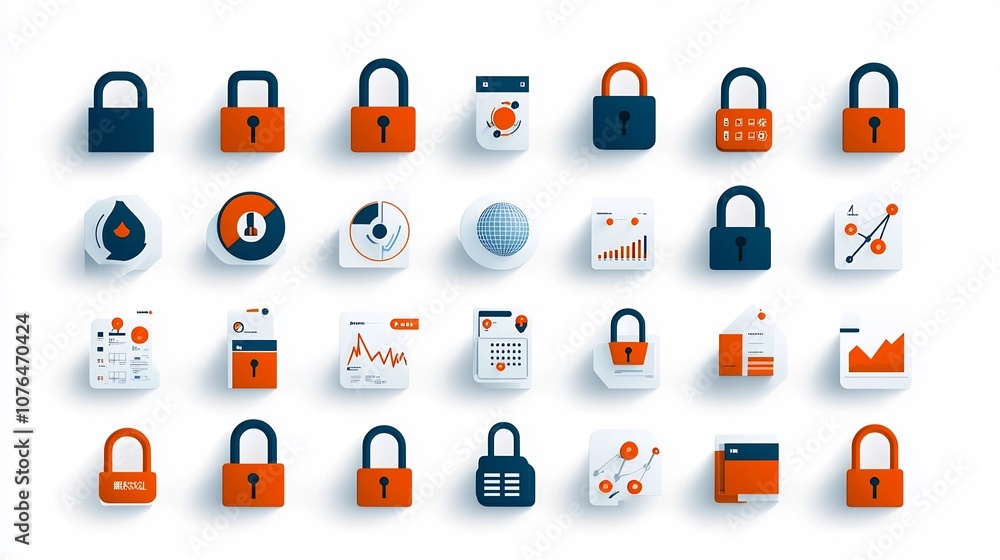 Poster Pixel perfect icons with editable stroke showcasing symbols for risk management analytics security and data visualization concepts  Minimalist flat design suitable for digital interfaces software