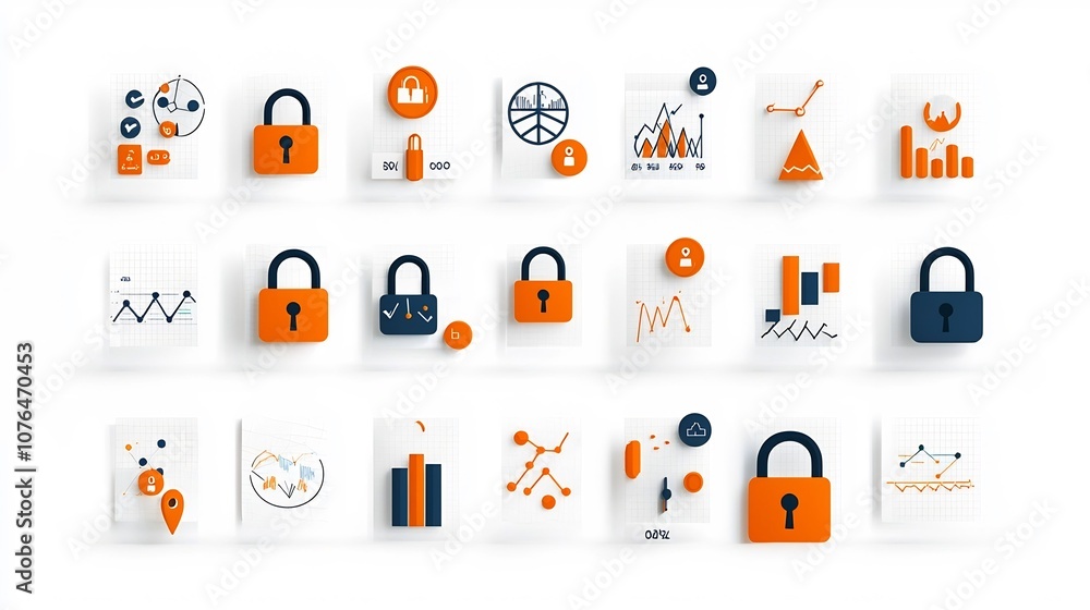 Poster Comprehensive set of 64x64 pixel perfect icons with editable stroke featuring a variety of risk management symbols such as secure locks exclamation signs and analytics graphs