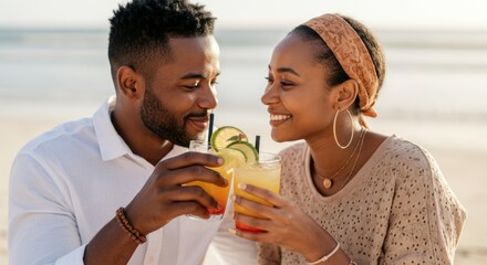 Romantic couple toasting refreshing drinks by the beach at sunset