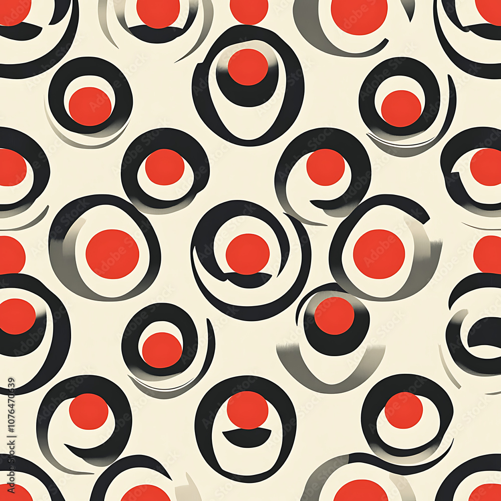 Poster modern seamless pattern featuring abstract circles in red and black on light background, creating dy