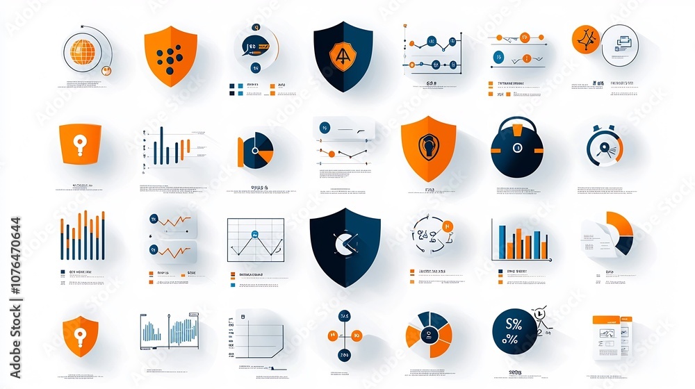 Aufkleber Sleek and minimalist icons for risk management data analytics and business intelligence  Featuring geometric shields alert symbols and statistical charts in a clean pixel perfect design