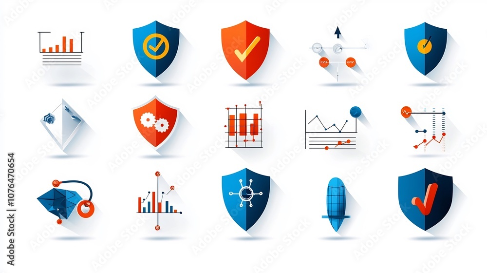 Poster pixel perfect 64x64 icons featuring shields alert symbols and statistical charts for effective risk 