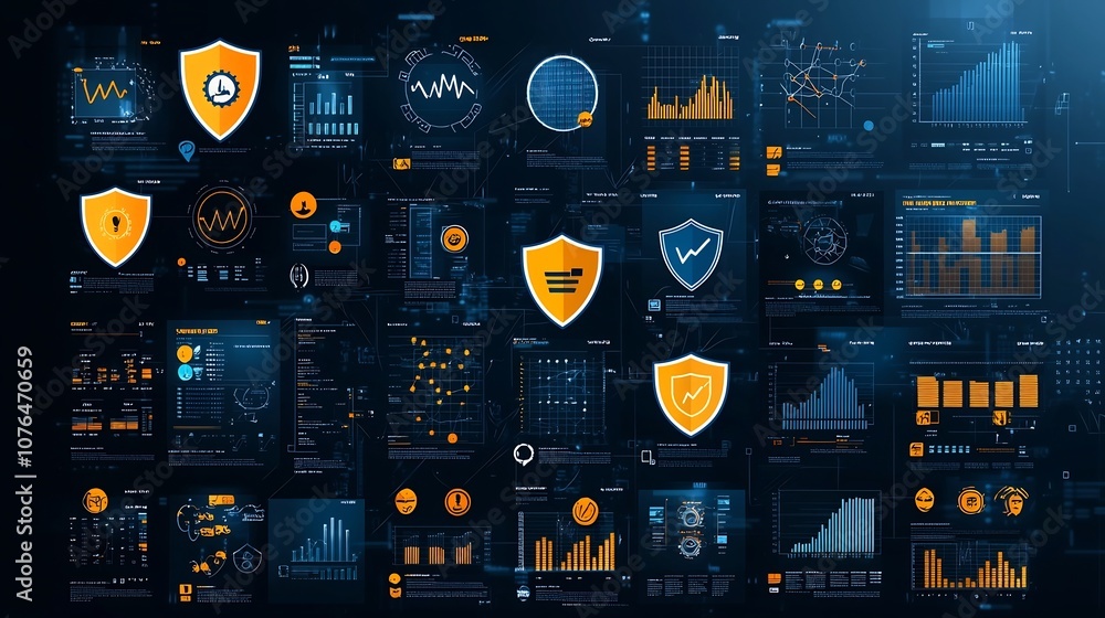 Aufkleber Pixel perfect Icons for Risk Management Featuring Shields Alert Symbols and Statistical Charts for Data Visualization Business Analytics and Security Applications