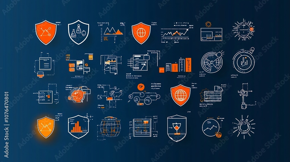 Aufkleber Pixel perfect line icons with editable stroke covering essential risk management and data analysis concepts including shields data analytics symbols and caution warning signs
