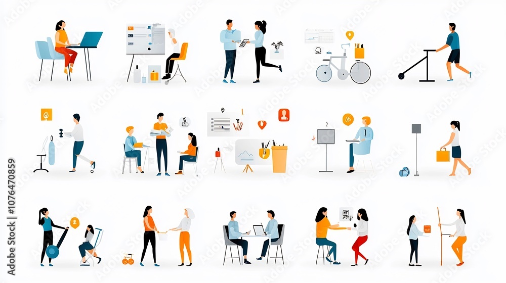 Aufkleber set of diverse and inclusive icon featuring individuals engaged in various activities such as workin