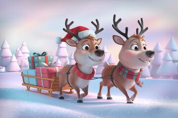 Fototapeta premium Two cute cartoon reindeer pulling a sled full of gifts in a snowy winter wonderland.