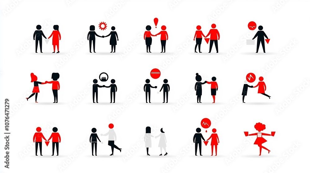 Poster icon collection depicting a diverse group of individuals in various collaborative poses and actions 