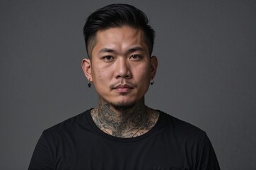 Fototapeta premium Asian american man posing for a photo in a studio, handsome young man with tattoos.