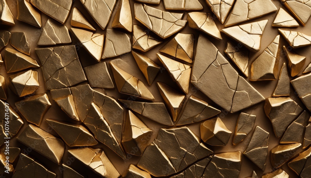 Poster textured golden ceramic surface with broken fragment patterns in an artistic arrangement