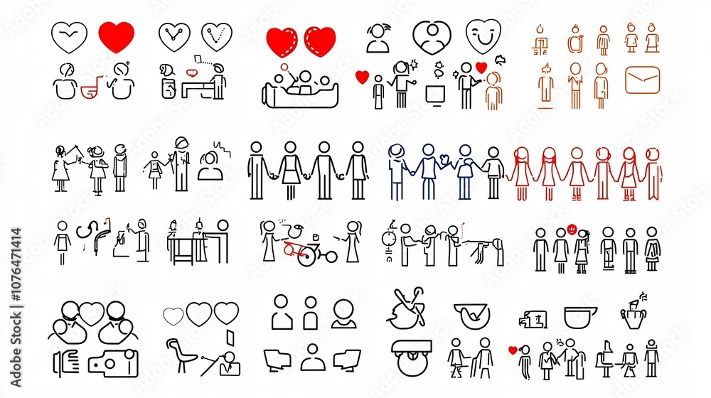 Poster Diverse set of icons depicting various friendly social interactions relationships and connections for digital applications user interfaces and web design