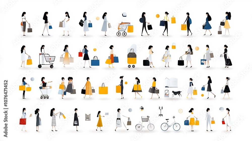 Poster collection of icons showcasing people in everyday scenarios such as shopping traveling and studying 