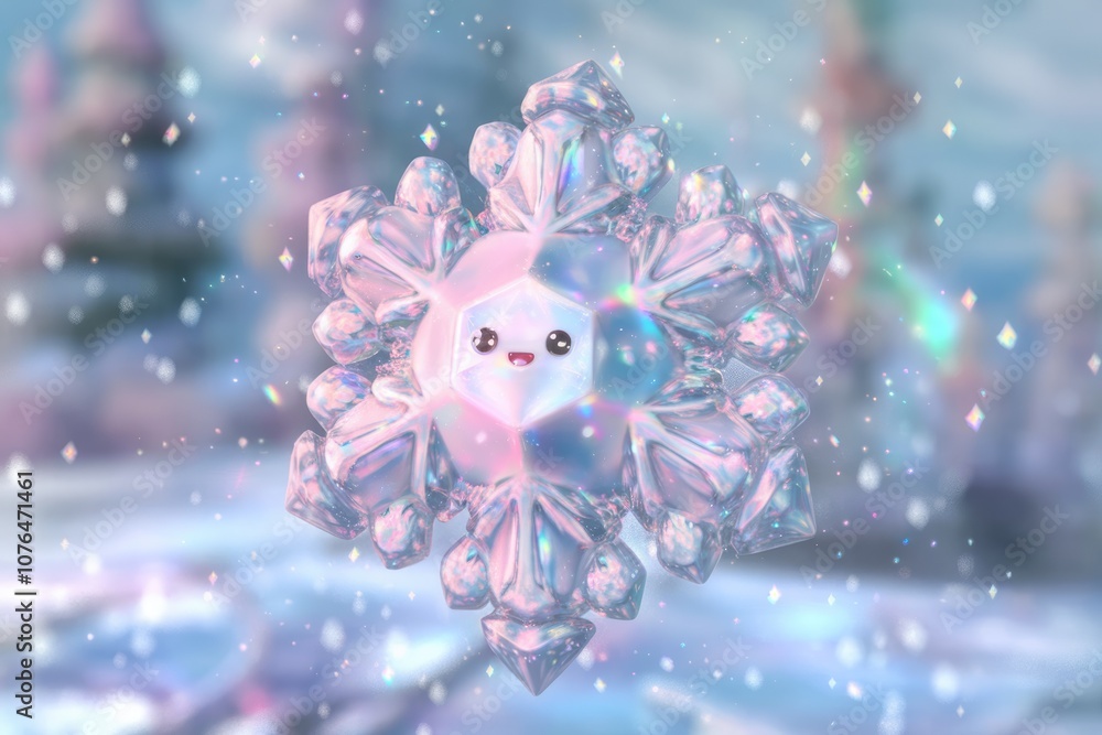 Aufkleber a cute iridescent snowflake with a happy face sparkling in a winter wonderland.