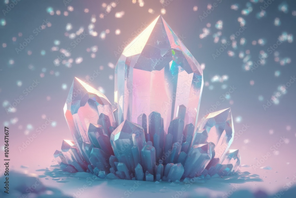 Poster a cluster of iridescent crystals shines brightly against a soft snowy background.