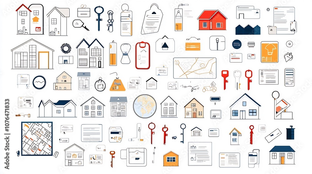 Poster comprehensive set of home and real estate icons featuring items like house keys property maps and re